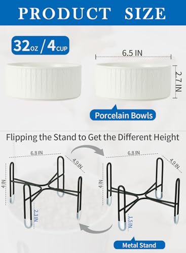32 oz Ceramic Dog Cat Bowls with Elevated Metal Stand, 2 Heights Elevated, 6.5 Inch Ceramic Round Pet Food and Water Feeder Bowl Dish for Cats & Dogs, White & Grey - color: White & Grey
