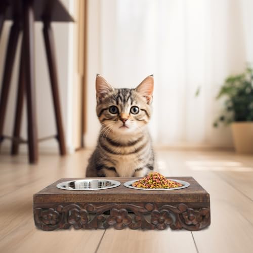 Elevated Pet Feeder for Dogs and Cats - The Bali Carved Wood Pet Feeding Stand with Two Stainless Steel Bowls - Three Heights Adjustable Raised Dog Bowl - Food Water Pet Feeding Station - IRONGATE - color: The Bali Hand Carved Wood - Adjustable