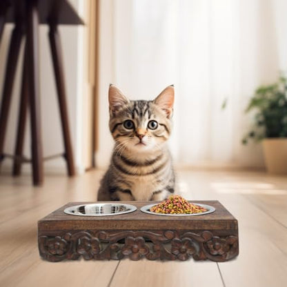 Elevated Pet Feeder for Dogs and Cats - The Bali Carved Wood Pet Feeding Stand with Two Stainless Steel Bowls - Three Heights Adjustable Raised Dog Bowl - Food Water Pet Feeding Station - IRONGATE - color: The Bali Hand Carved Wood - Adjustable