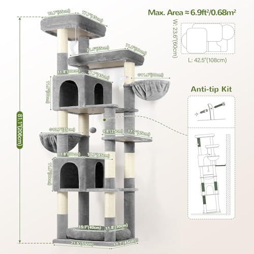 Globlazer Heavy Duty Cat Tree, 81 inch Extra Large Cat Tree for Indoor Cats Large Adult, Sturdy Cat Tower with 8 Scratching Post, 2 Cat Condos, 2 Platform, S81C, Light Grey - color: Light Grey
