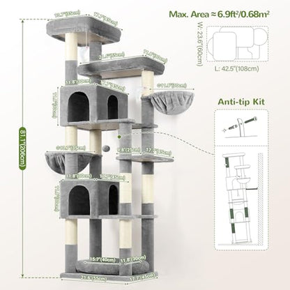 Globlazer Heavy Duty Cat Tree, 81 inch Extra Large Cat Tree for Indoor Cats Large Adult, Sturdy Cat Tower with 8 Scratching Post, 2 Cat Condos, 2 Platform, S81C, Light Grey - color: Light Grey