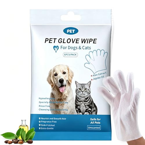 Pet Glove Wipes for Pet,Extra-Thick Rinse-Free Dog & Cat Grooming Gloves,Vet Recommended Hypoallergenic，Gentle & Safe for Cleaning,Deodorizing Wipes for Dander,6pcs unscent - size: 1 pack