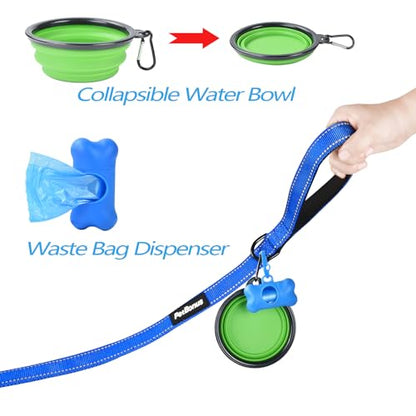 Double Dog Leash, No Tangle Dual Leash, Reflective Walking Training Lead, 4 Comfortable Padded Handles for 2 Dogs with Collapsible Bowl and Waste Bags (Blue, Large) - color: Blue