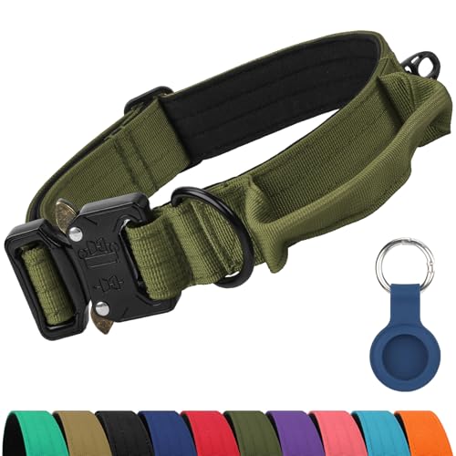 Joytale Tactical Dog Collar for Medium Dogs with Control Handle, Heavy Duty Military Training Collar for Power Breeds, AirTag Holder Case, Quick Release Metal Buckle, Soft Padded, M, Army Green - color: ArmyGreen, size: M-1.0"×14-18"