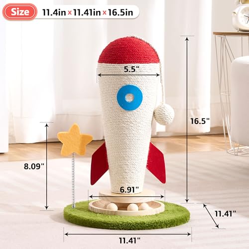 Cat Scratching Post, Rocket Cute Sisal Cat Scratcher with Durable Solid Wood Turntable Toy, Cat Scratch Post Red Cat Scratcher with Spinning Star Toy for Indoor Adult Cats - color: Red Rocket