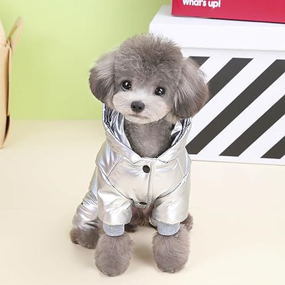 Izefia Dog Coat Windproof Jacket Cold Weather Coats 4 Legs Warm Jumpsuit Winter Thick Clothes Snow Proof Cotton Coat for Small Dog Medium Cat Silver L - color: Silver, size: Large (Back length: 10.6 inches)