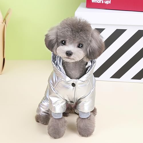 Izefia Dog Coat Windproof Jacket Cold Weather Coats 4 Legs Warm Jumpsuit Winter Thick Clothes Snow Proof Cotton Coat for Small Dog Medium Cat Silver M - color: Silver, size: Medium (Back length: 8.7 inches)