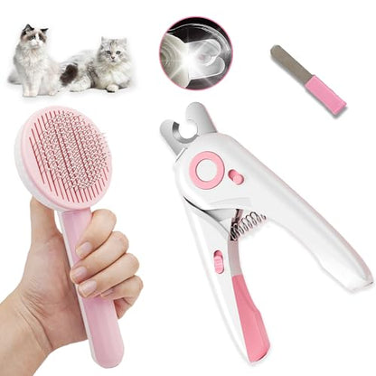 Self Cleaning Cat Brush for Shedding, LED Light Nail Clipper, Nail Clipper and Nail File, Slicker Brushes and Nail Trimmer for Long Haired Cats, Grooming Kit, Cat Lover Gifts - color: Pink
