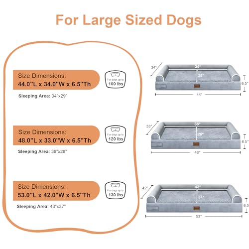 Large Dog Bed Orthopedic Washable: Jumbo Dog Bed Bolster Extra Large Dogs Egg Crate Foam Sofa Couch Waterproof Removable Cover - Grey - color: Light Grey, size: 53.0"L x 42.0"W x 6.5"Th