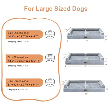 Large Dog Bed Orthopedic Washable: Jumbo Dog Bed Bolster Extra Large Dogs Egg Crate Foam Sofa Couch Waterproof Removable Cover - Grey - color: Light Grey, size: 53.0"L x 42.0"W x 6.5"Th