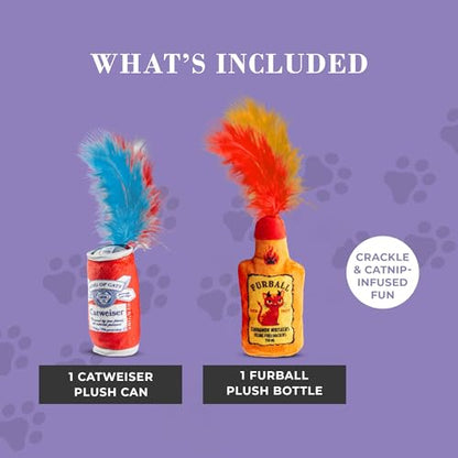 Haute Diggity Kitty Catweiser + Furball Catnip Toys, Soft Plush Cat Toys Catnip Filled with Interactive Crackle Sound & Feathers, Safe & Durable Toy for Cats & Kitten, 2 Pcs - style: Catweiser + Furball