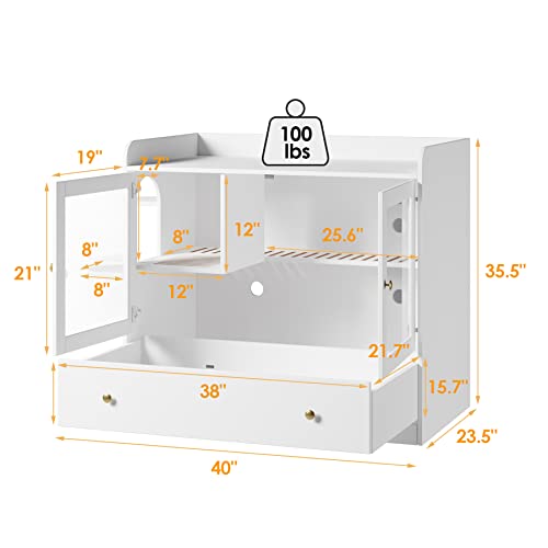 Extra Large Cat Litter Box Enclosure Furniture Hidden, Cat Condo Cabinet Pet House with Stairs for 2, Nightstand Side Table with a Drawer for Living Room, White - color: White