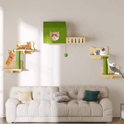 YITAHOME Cat Wall Shelves, Solid Wood Wall Mounted Cat Furniture with Green Wall House and Fence, Steps, Scratching Posts - size: 8 pieces