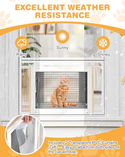 Cat Window Box, Wooden Outdoor Catio Window Enclosure with Clear Acrylic Roof & Bug-Proof Mesh, Universal Cat Window Perch with PVC Curtain for Sunbathing & Napping, Fits Vertical Windows 25"–43" W