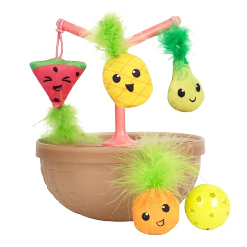 Catstages Hunt N' Wobble Fruit Bowl Wobbling Cat Toy with Five Catnip Toys, Jingle Ball, and Flingers, Multicolored - color: Hunt N' Wobble Fruit Bowl
