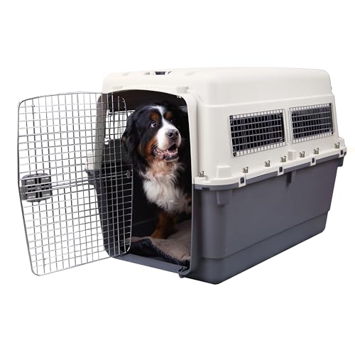 SportPet Airline Compliant XXX-LARGE 48" Travel Dog Kennel-Durable Plastic Airline Pet Carrier w/Removable Wheels & Food Bowls, Collapsible Indoor/Outdoor Dog Kennel, Dogs up to 44"L & 33"H-Cream/Gray - color: Cream/Gray, size: 48.0"L x 32.0"W x 36.0"H