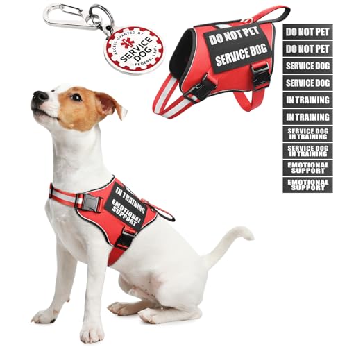 Service Dog Vest Harness+ID Tag+10 Patches,Metal Serivce Dog Tag&Reflective Emotional Support Dog Vest with Handle for Small Dogs,Easy Put On/Off for Training/Walking/Everyday Red XS - color: Red, size: XS