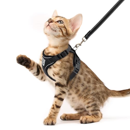 PUPTECK Cat Harness and Leash Set Escape Proof Reflective Cat Walking Harness Adjustable Soft Breathable Mesh Vest for Small Pets, Black, XS - color: Black, size: XS (NECK 8.5", CHEST 11"-14")