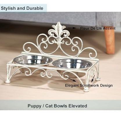 Iron Dog Cat Bowls Elevated - Dog or Cat Food and Water Dish Bowl Set - Raised Small Dog Cat Bowl Stand - Antique White