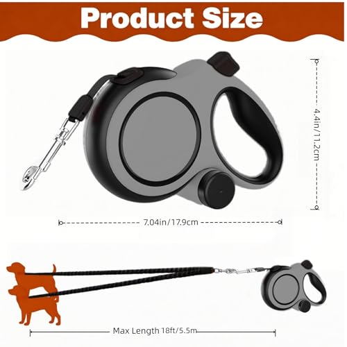 Dual Retractable Dog Leash 2 Large Dogs (Up to 110 Lbs Each), 2 Headed Pet Leash with Poop Bags, 16ft/5m Extension, Non-Slip Grip, One-Button Break & Lock, 360-degree Tangle-Free (Gray, Medium) - color: Gray, size: Medium
