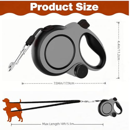 Dual Retractable Dog Leash 2 Large Dogs (Up to 110 Lbs Each), 2 Headed Pet Leash with Poop Bags, 16ft/5m Extension, Non-Slip Grip, One-Button Break & Lock, 360-degree Tangle-Free (Gray, Medium) - color: Gray, size: Medium