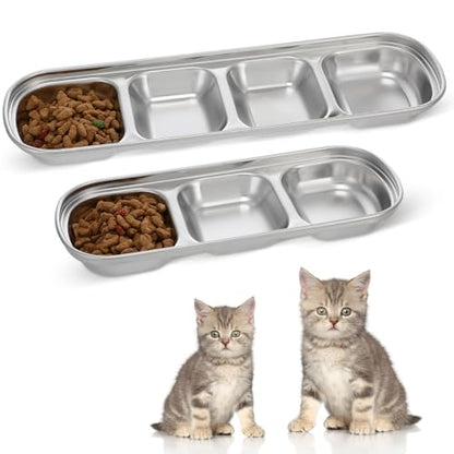 Compartment Pet Tray Food Bowls: 2pcs Stainless Steel Cat Bowl Divided Pet Dishes Bowls for Kitten Small Dogs Food Water Feeder