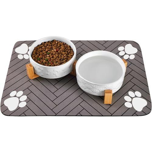 Dog Bowls Set with Wood Stand & Mat Waterproof, 3.5 Cups Ceramic Dog Bowls Elevated for Medium Dogs, Dual Food and Water Bowls with Weighted Non-Slip Base 28.7 OZ - size: M-3.5 Cups