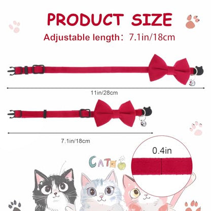Cat Collar Breakaway Cat Bow Tie Adjustable from 7 to 11 Inches Soft Velvet Bowtie Cat Collar with Bell for Kitten Puppy Cats Wedding Costumes (Red) - color: Red