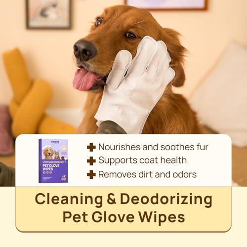 HICC PET Cleaning Deodorizing Glove Wipes for Dogs & Cats, Vet Recommended Hypoallergenic Hydrating & Nourish Fur Pet Grooming Glove Wipes, Pet Bathing Wipes for Horse Coat Care,6pcs Unscented - size: 6 PCS