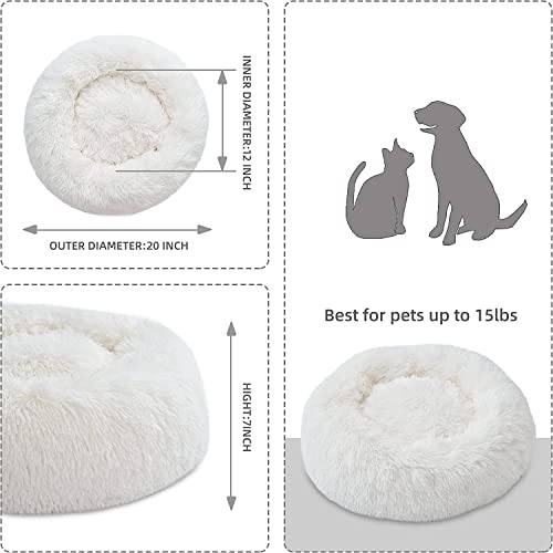 White Faux Fur Cat & Dog Beds 20 inches - Washable Dog Beds for Small Medium Dogs, Anti-Anxiety, Round Plush, Fluffy Thick Bottom - color: Cream, size: Medium