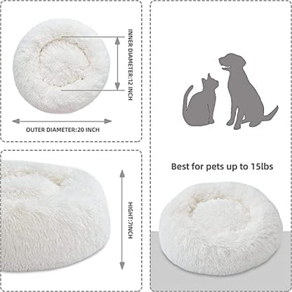 White Faux Fur Cat & Dog Beds 20 inches - Washable Dog Beds for Small Medium Dogs, Anti-Anxiety, Round Plush, Fluffy Thick Bottom - color: Cream, size: Medium