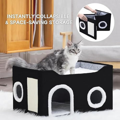 Cat House for Indoor Cats – Foldable Cat Cave & Covered Cat Bed, Cozy Hideaway for Small Pets and Large Cats (23.6"x16"x12.8"),Black - style: Black