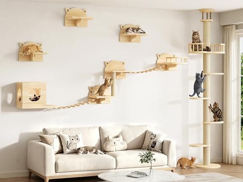 Floor to Ceiling Cat Tree, 22-in-1 Cat Wall Shelves with Multi-Level Cat Tower, Wood Cat Climbing Wall Systems for Indoor Cats, with Condo & Scratching Post, Cat Furniture Height (95-110")