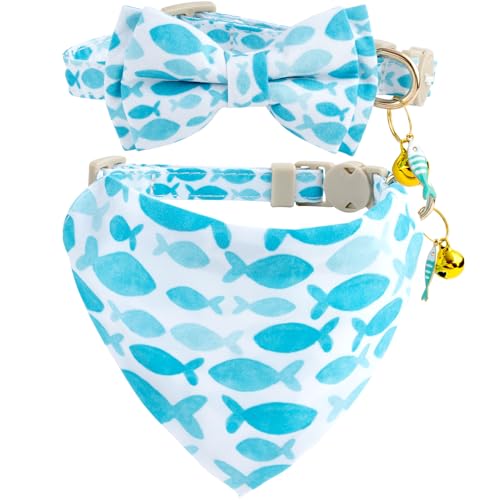 Faygarsle 2 Pack Fish Pattern Cat Collar Set with Bow Tie and Bandana, Light Blue and White, Breakaway Safety Collar with Bell - color: Blue Fish