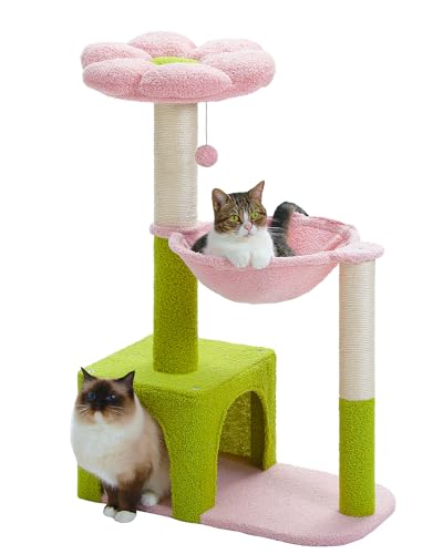 MUTTROS Flower Cat Tree with Large Metal Frame Hammock, 35" Cute Cat Tower with Sisal Scratching Posts for Small Indoor Cats, Cat Condo with Pink Top Perch for Kittens, Pink - color: Pink, size: 35" Upgraded Flower Cat Tree