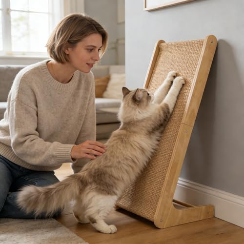 L-Shaped Cat Scratching Board with Sisal and Wooden Frame, Wall Mounted Scratcher Pad with Ball Toy for Indoor Cats, 28.2 Inch (28.2inch)