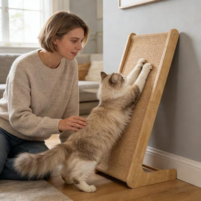 L-Shaped Cat Scratching Board with Sisal and Wooden Frame, Wall Mounted Scratcher Pad with Ball Toy for Indoor Cats, 28.2 Inch (28.2inch)