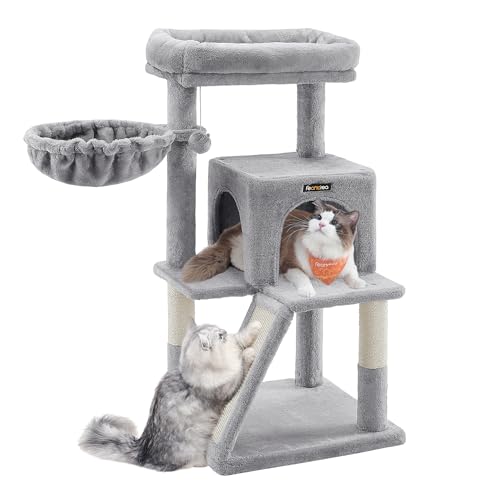 Feandrea Cat Tree, 37.8-Inch Cat Tower, Multi-Level Condo with Widened Perch, Scratching Posts and Ramp, 2-Door Cave, Hammock, Light Gray UPCT51W - color: Light Gray