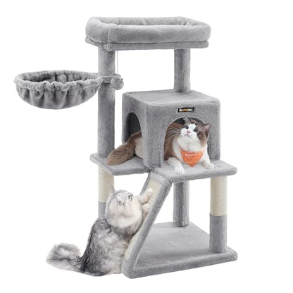 Feandrea Cat Tree, 37.8-Inch Cat Tower, Multi-Level Condo with Widened Perch, Scratching Posts and Ramp, 2-Door Cave, Hammock, Light Gray UPCT51W - color: Light Gray