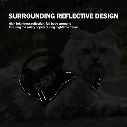 Cat Harness and Leash Set for Walking Escape Proof Adjustable Reflective Large Cat Tactical Harness with Patches Breathable Summer Vest Soft Mesh Padding Handle Easy to Control (Black, M) - size: M