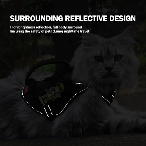 Cat Harness and Leash Set for Walking Escape Proof Adjustable Reflective Large Cat Tactical Harness with Patches Breathable Summer Vest Soft Mesh Padding Handle Easy to Control (Black, S) - size: S