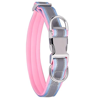 Large Dog Collar, Soft Padded with Space Cotton Lining, Reflective Design, Engraving Option, Light Blue and Variety of Colors