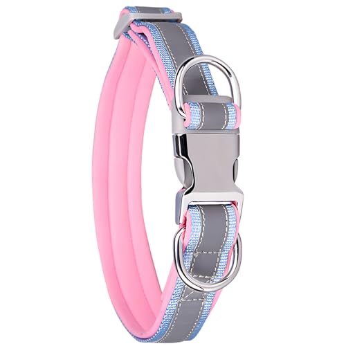 Large Dog Collar, Soft Padded with Space Cotton Lining, Reflective Design, Engraving Option, Light Blue and Variety of Colors