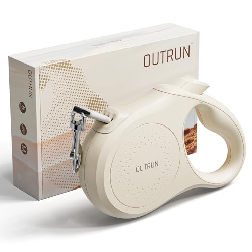 OUTRUN Retractable Dog Leash 16.5 FT Walking Leash up to 55 lb, Strong Nylon Tape No Tangle, Heavy Duty One-Handed Brake Lock Perfect for Small & Medium Sized Dogs and Pets - color: Cream White