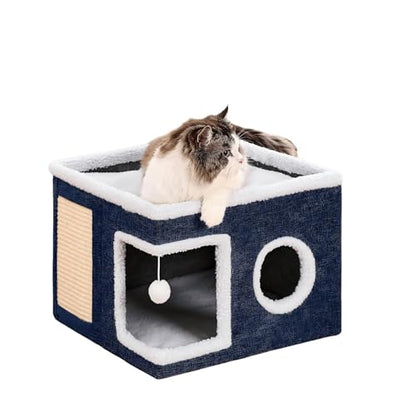 LUMIXA Large Cat Bed House & Hideaway - Warm Fluffy Indoor Cat Cave with Removable Washable Cushion, Non-Slip Bottom, Scratch Pad & Toy Ball for Big Cats/Kittens, Foldable Cat Condo (Blue) - color: blue