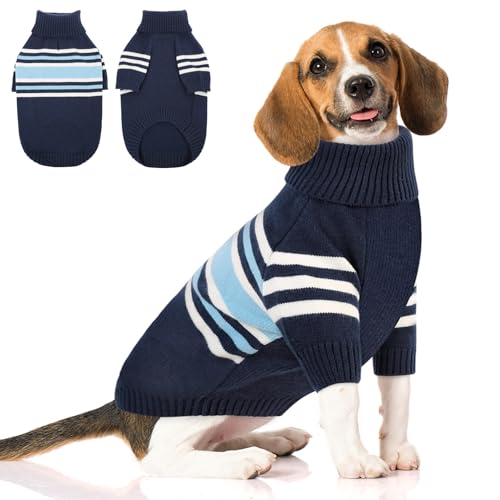 Queenmore Dog Striped Knitted Sweater, Turtleneck Pullover Pet Coat, Dog Winter Clothes with Leash Hole for Small Medium &Large Dogs(Navy Blue,L) - color: Blue, size: Large