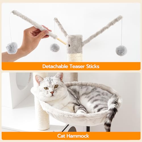 HOOBRO Cat Tree with Scratching Posts, Cat Tower Litter Box Enclosure Furniture for Indoor Cats, All-in-One Wooden Cat House Condo with Cat Hammock, Detachable Teaser Sticks, White BW14MZ03 - color: White