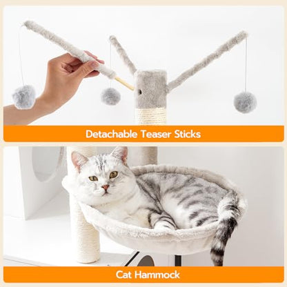 HOOBRO Cat Tree with Scratching Posts, Cat Tower Litter Box Enclosure Furniture for Indoor Cats, All-in-One Wooden Cat House Condo with Cat Hammock, Detachable Teaser Sticks, White BW14MZ03 - color: White