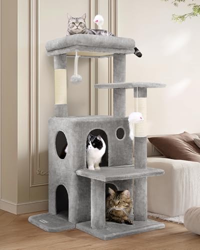 Globlazer Cat Tree Tower for Indoor Cats, 50-inch Adult Cat Tree House for Large Adult Cats with Steps, Scratching Post, 2 Cat Caves, Dangling Toys, FC50, Light Grey - color: Light Grey