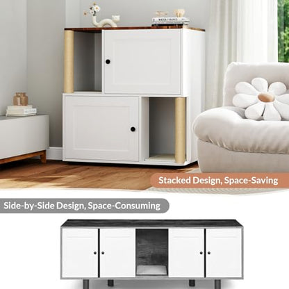 Yafylly Double Litter Box Enclosure for 2 Cats, 2-Tier Cat Litter Box Furniture with Scratching Posts & Litter Mat, Hidden Cat Litter Cabinet, Space Saving Vertical Design, Fits Most Litter Boxes - style: Stacked Design